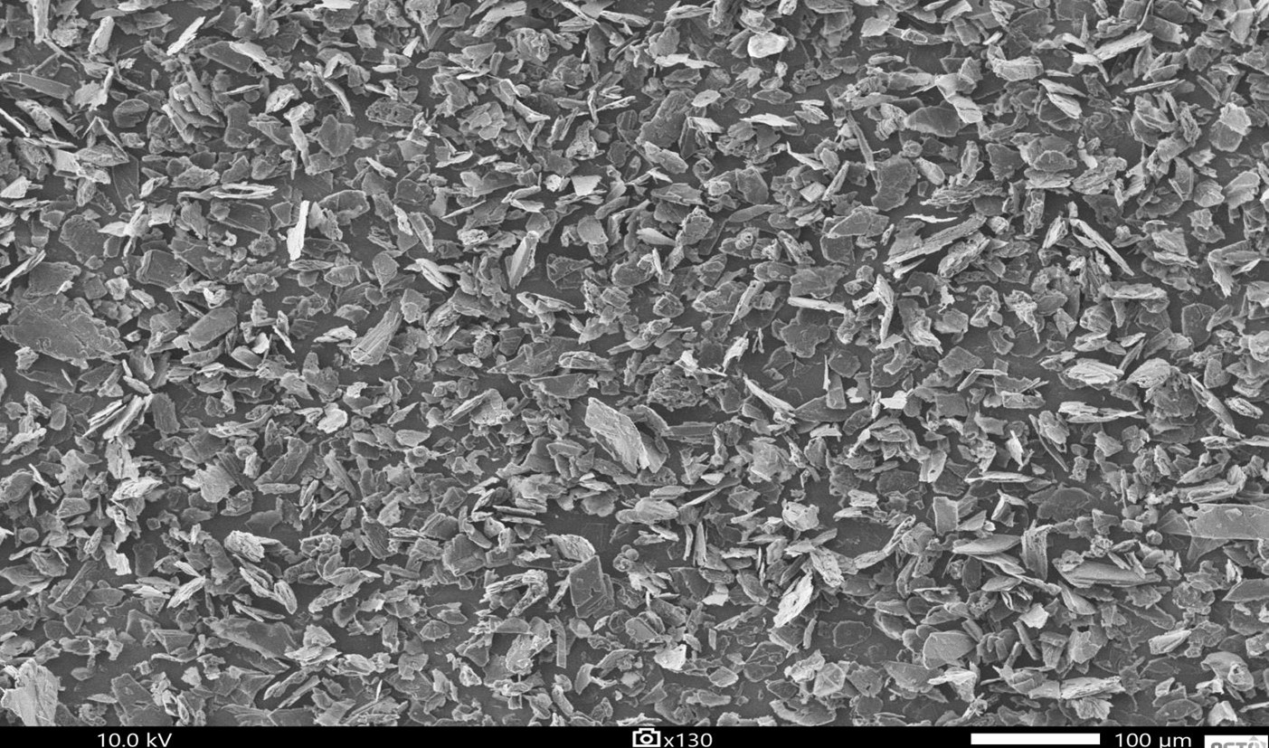 An electron SEM micrograph of Reflex Advanced Material Corp.'s 99.999% Cg purified graphite flake concentrate at a P635 mesh.