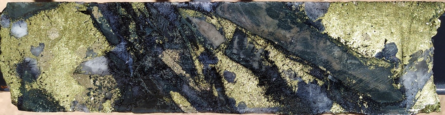 Typical high-grade breccia mineralization in Hole 39: Angular tourmaline-altered siltstone clasts  supported in a chalcopyrite-tourmaline-quartz-pyrite matrix. SFDH-039, 452m. From a 1m sample that averaged 2.3 g/t gold, 204 g/t silver and 6.0% copper. Photograph is of a selected interval and is not necessarily representative of mineralisation hosted throughout the property.