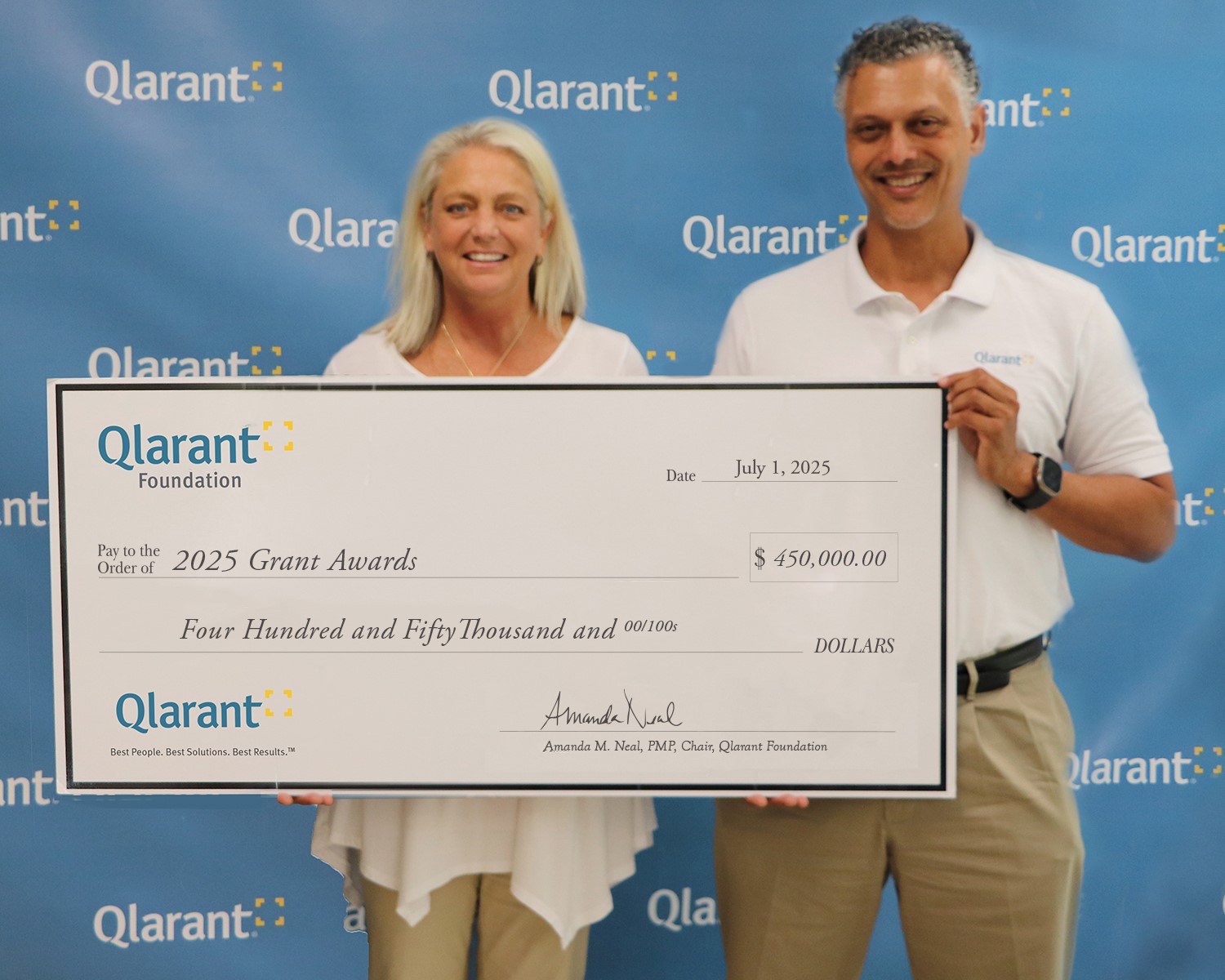 Amanda Neal, Executive Director of Qlarant Foundation, and Dr. Ron Forsythe, Jr, CEO of Qlarant announce $450,000 in grants to be awarded this year.