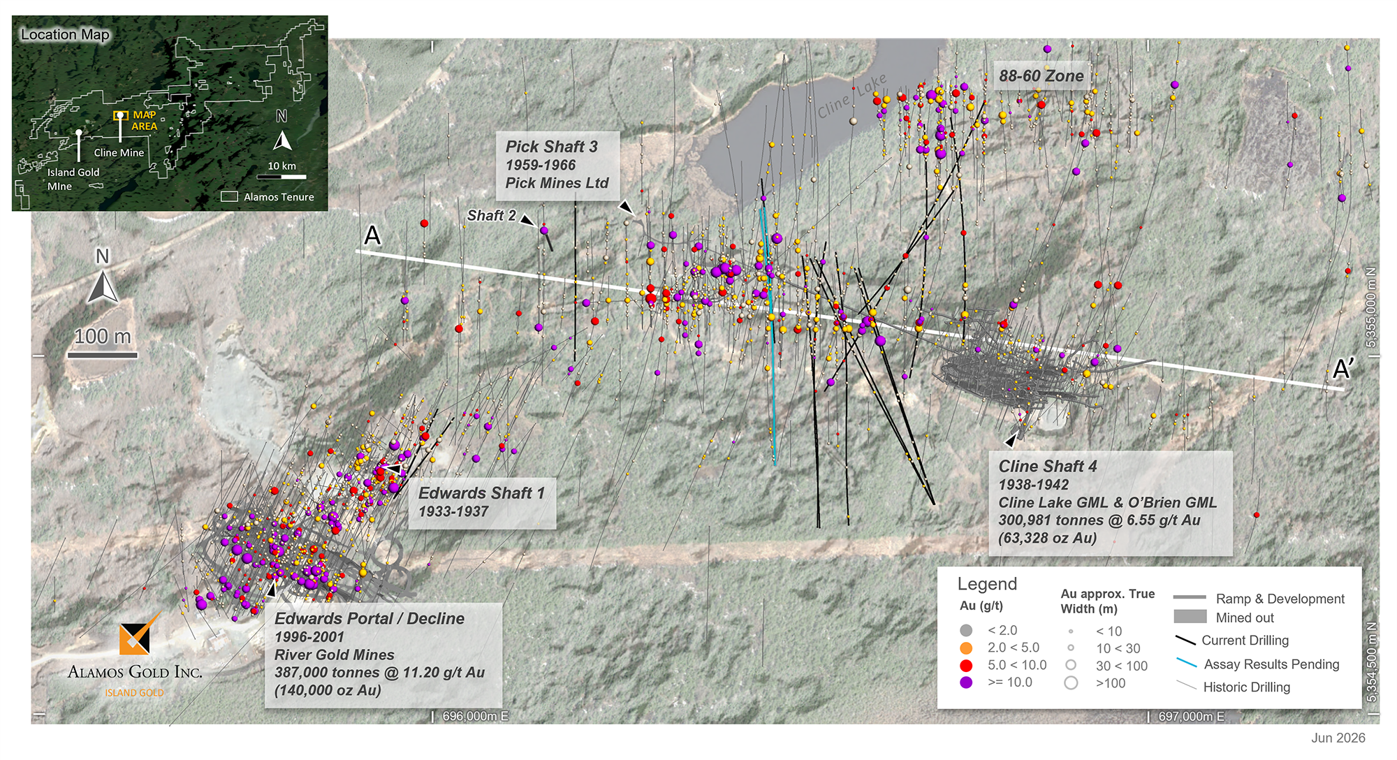 Figure 5_Cline-Pick Mines plan map with current & historic drilling A-A' cross section reference (see Figure 6)