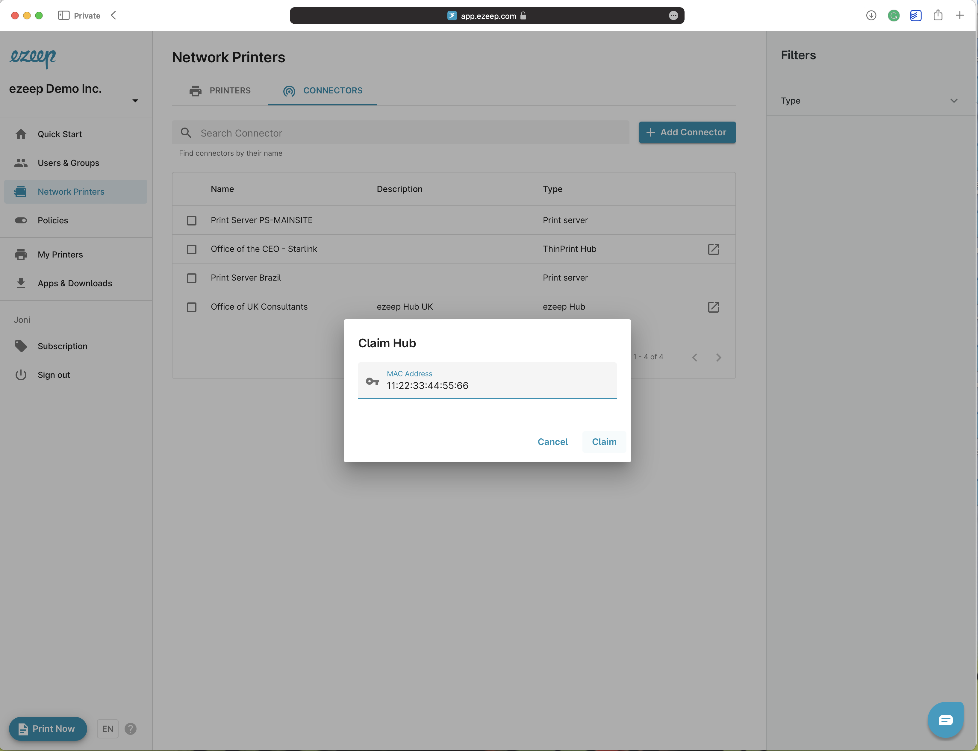 ezeep Hub Cloud Management Dashboard