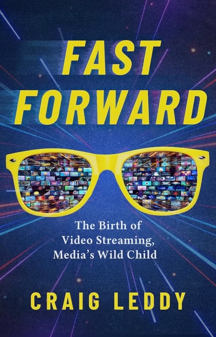 Book cover for Fast Forward by Craig Leddy, featuring stylized yellow sunglasses reflecting streaming thumbnails, with a retro-futuristic background.