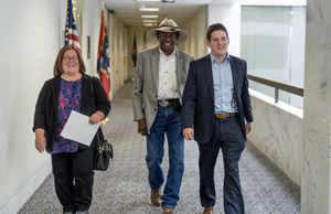 Left to right: NDPO Chair Deborah Mills, OCM President Taylor Haynes, and CMA Director of Government Affairs Vinnie Trometter walk the halls of Congress