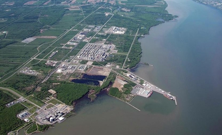 Port de Becancour et son parc industriel, avec emplacement du site de l’usine de produits de manganese qualité batterie proposée par Euro Manganese.