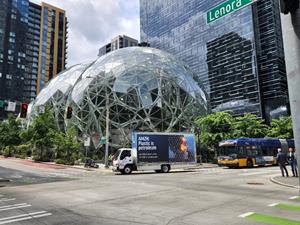 Oceana billboard in front of Amazon spheres
