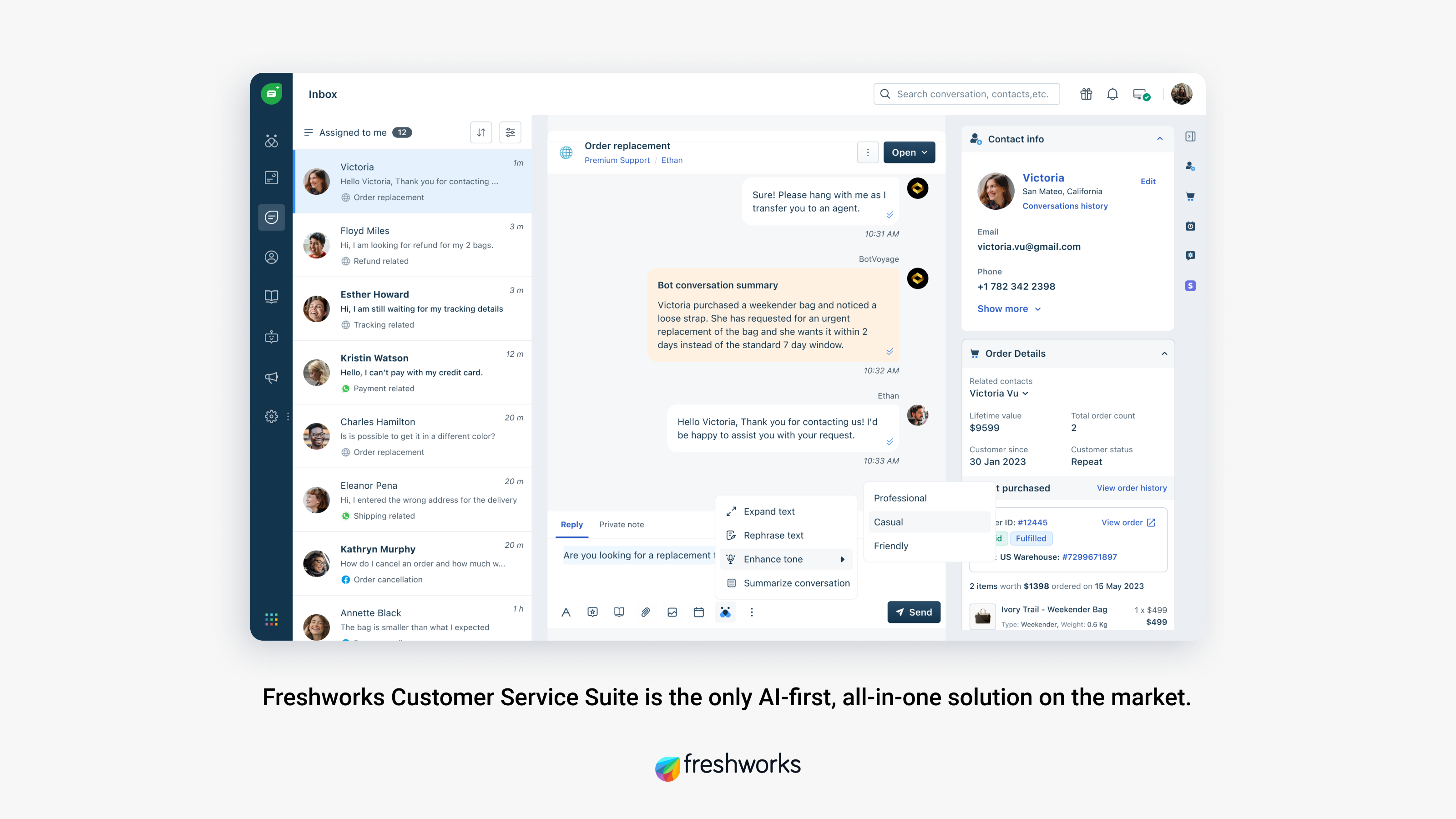 Freshworks' AI-powered Customer Service Suite brings together self-service bots, agent-led conversational messaging, and automated ticketing management in an all-in-one solution.