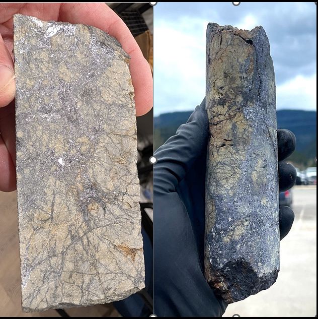 Galena-siderite vein with lead-silver mineralization from 202.8-205.1-foot interval (11.1 oz/ton Ag and 28.4% lead) 