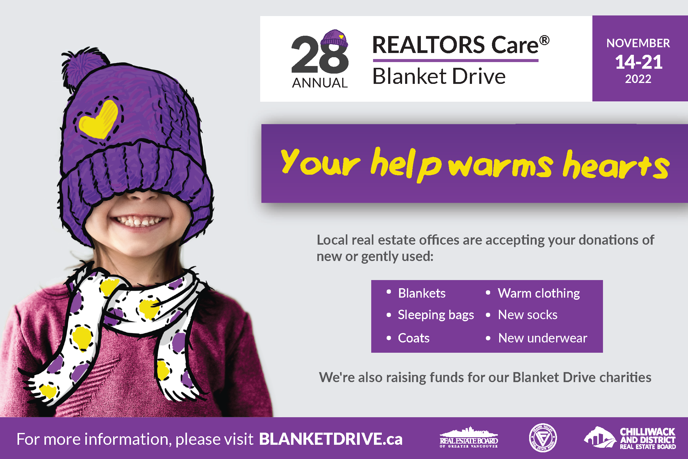 The REALTORS Care® Blanket Drive will combine its traditional collection and distribution of warm clothes and blankets this year with an online fundraiser for partner charities.