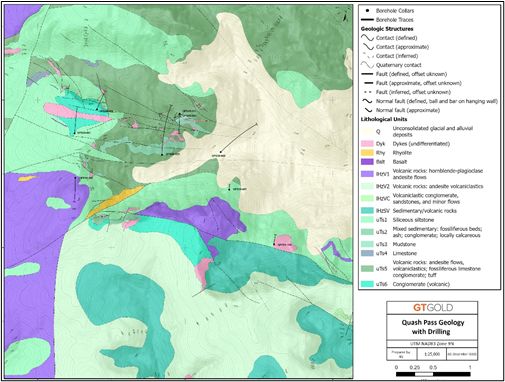 Quash Pass geology and borehole location, Tatogga Project, northwestern BC.
