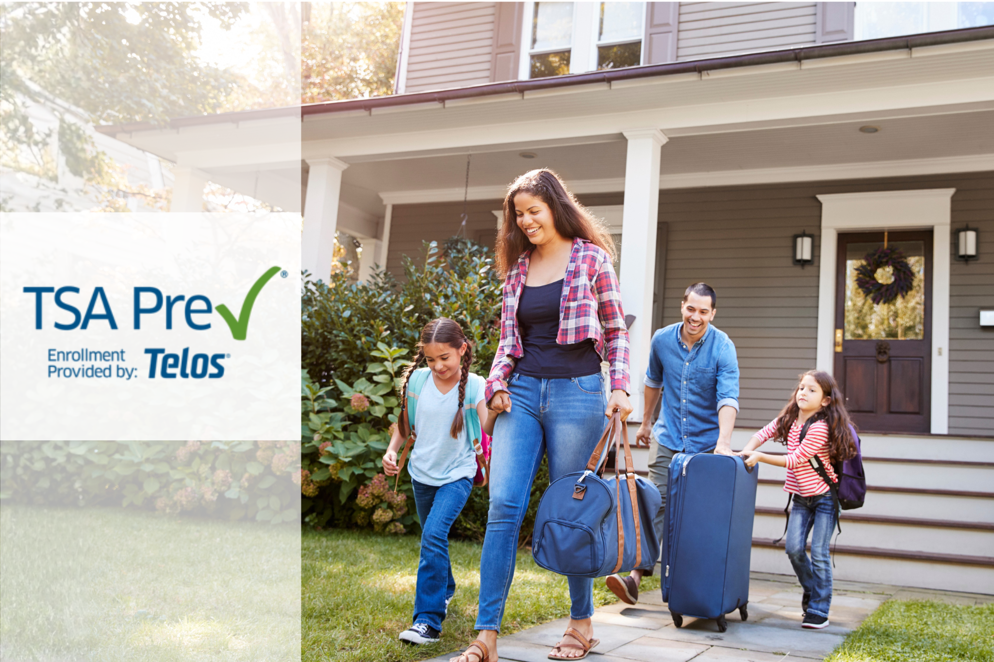 Family leaves the house with luggage ready for easy travel with TSA PreCheck.