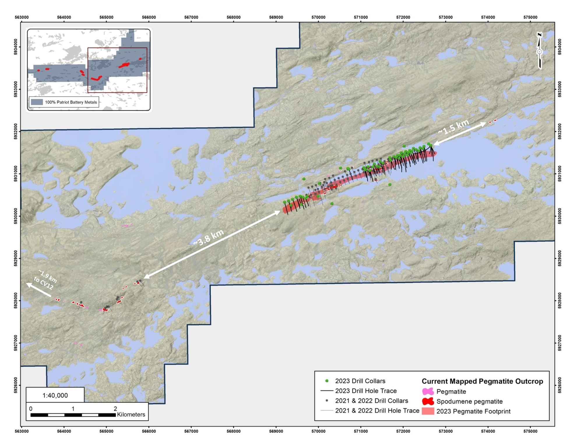 High potential corridors between the CV13, CV5, and CV4 spodumene pegmatite clusters