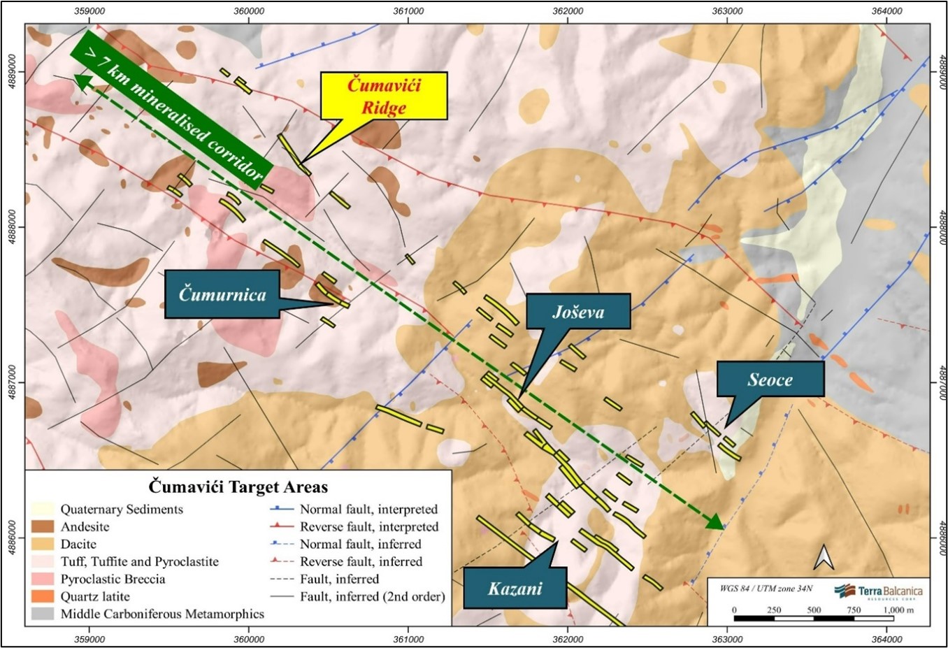 Geological map of Cumavici with the identified targets. Current drilling efforts are focused at Cumavici Ridge. Vein mineralisation is highlighted as yellow ribbons