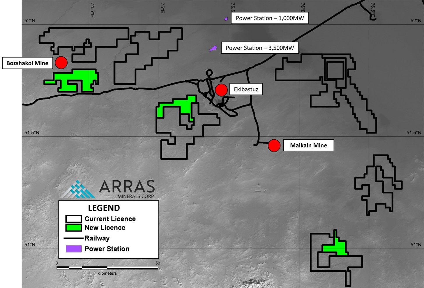 Arras’ mineral exploration licenses in northeastern Kazakhstan, showing the newly granted licenses. Also shown is the location of Arras’ exploration office in the city of Ekibastuz and the producing Bozshakol and Maikain mines.