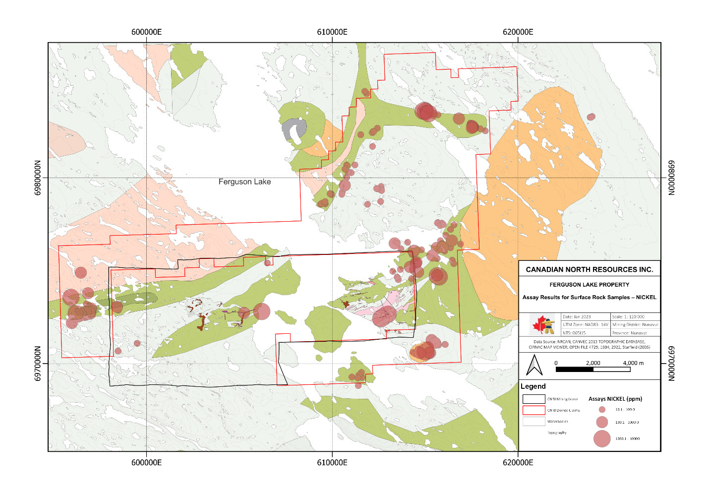 New nickel-copper-PGM areas identified from the outcrop samples at Ferguson Lake Project