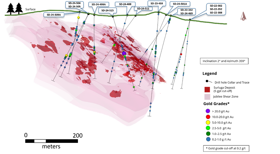 Figure 3 - 3D View of Diamond Drilling Results in the Jubilee Shear Zone and the hanging wall