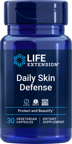 Life Extension's new Daily Skin Defense supplement formula helps hydrate and beautify your skin, fight the appearance of wrinkles and bolster your skin’s natural defenses against the oxidative stress caused by pollutants and UV exposure. Keep your skin beautiful. 