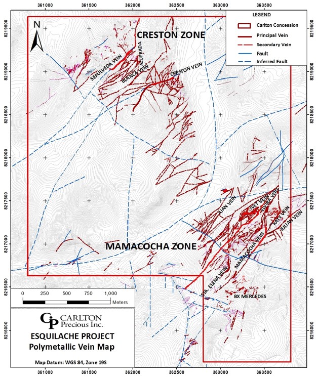 Map of polymetallic veins, Creston and Mamacocha zones, Esquilache Ag-Zn Project