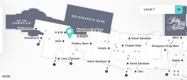 Bay Court is located on level one outside of the Hudson’s Bay