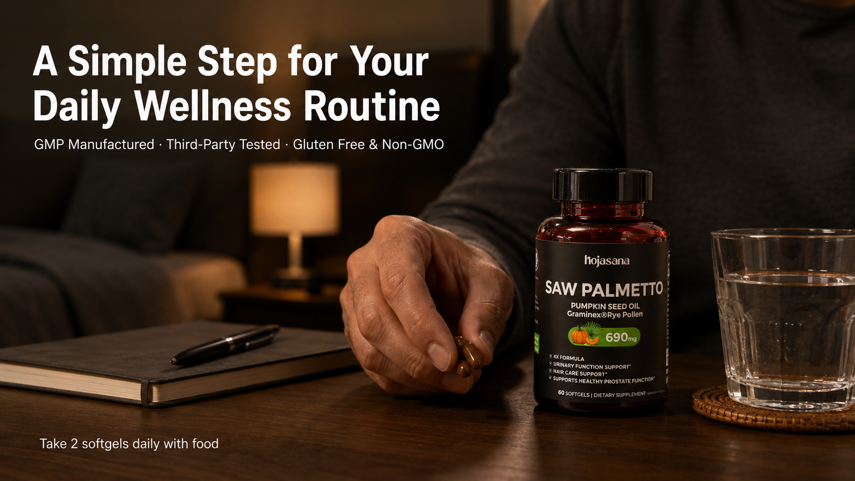HojaSana Saw Palmetto Supplement featuring GMP manufacturing, Non-GMO formula, gluten-free capsules, and quality testing standards.