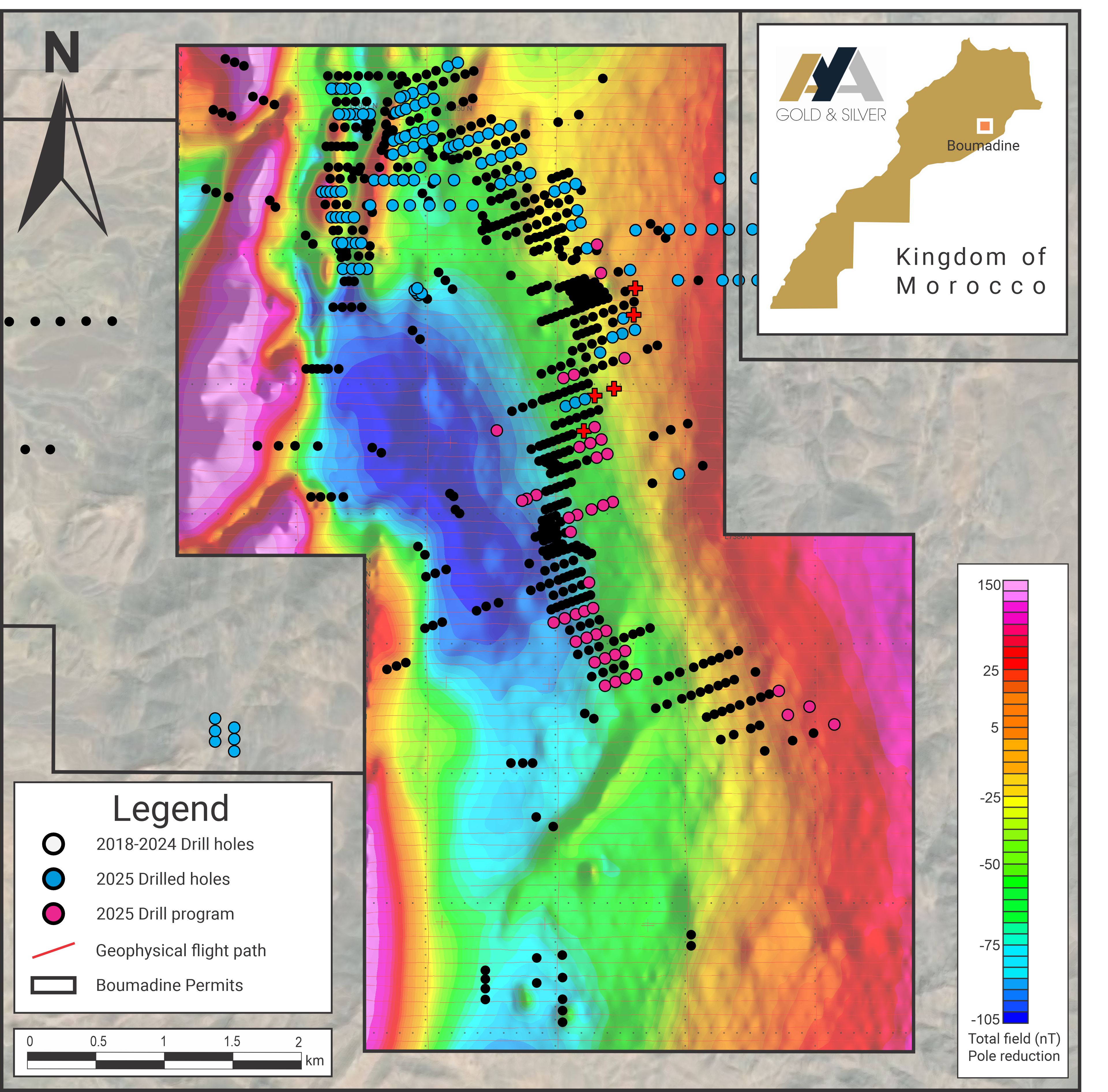 Boumadine Mining Licence Surface Plan with Magnetic Data (Residual Total Field) and 2025 Drill Holes 