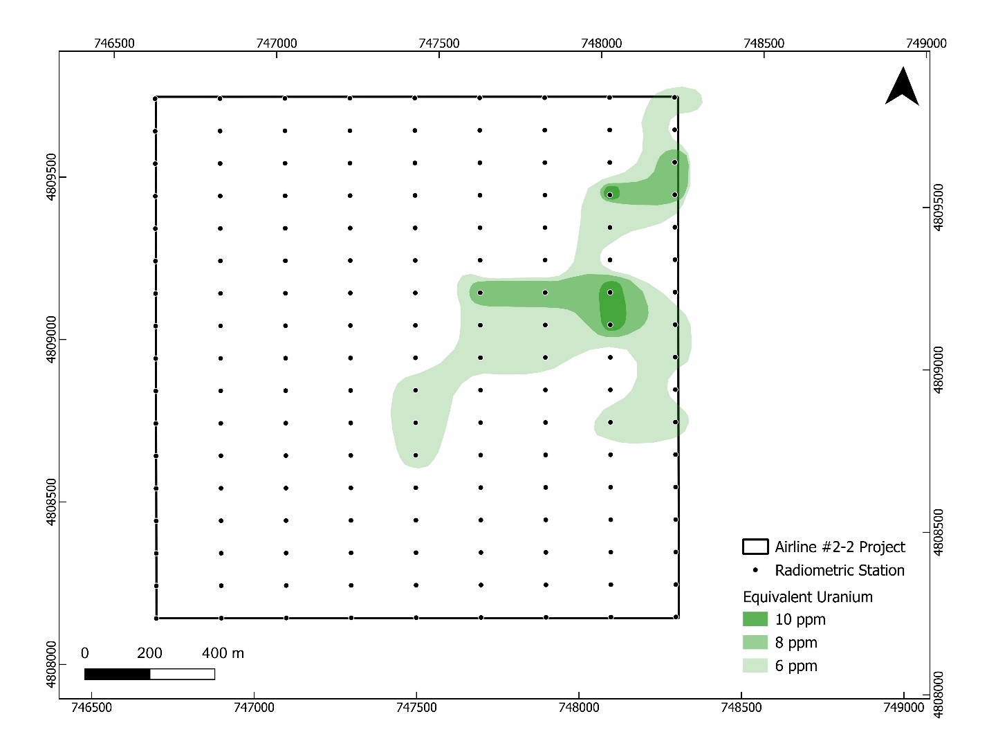 The Airline #2-2 claim with equivalent uranium contours, displaying low but stable uranium levels, with less pronounced anomalies.