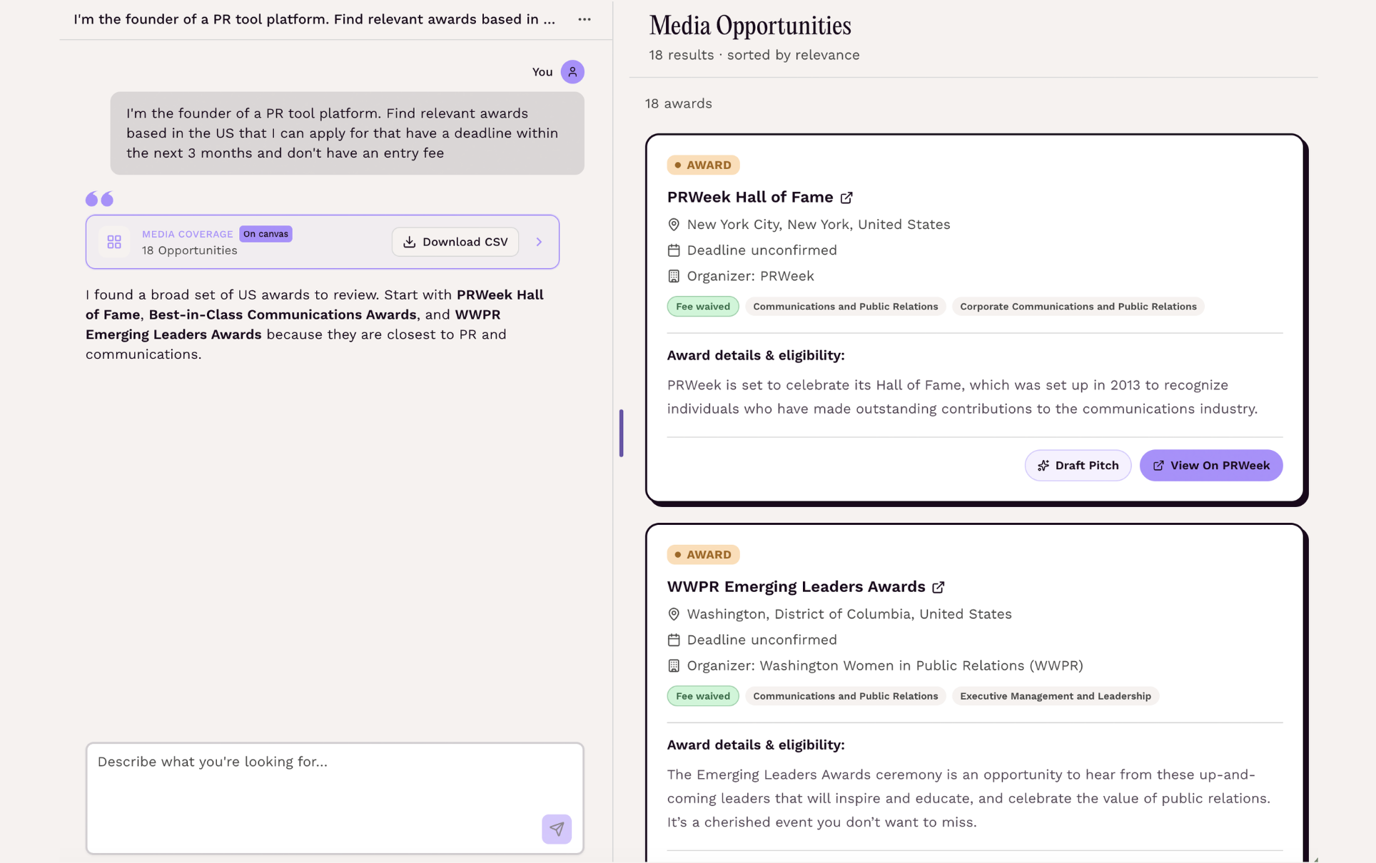 Featured, the AI co-pilot for PR's Find Awards dashboard