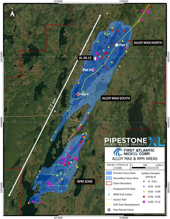 Map of the Alloy Max and RPM Zone areas showing DTR nickel (%) in surface rock samples, including 2026 Alloy Max drill pad locations and the RPM 2025 drill holes. 