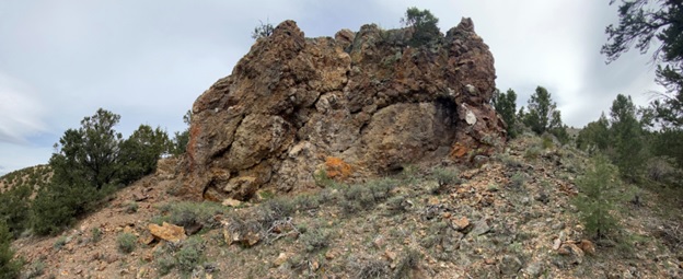 Figure 3: An approximate 60 foot long, strong silicified outcrop with gold grades from sampling that will be drill tested