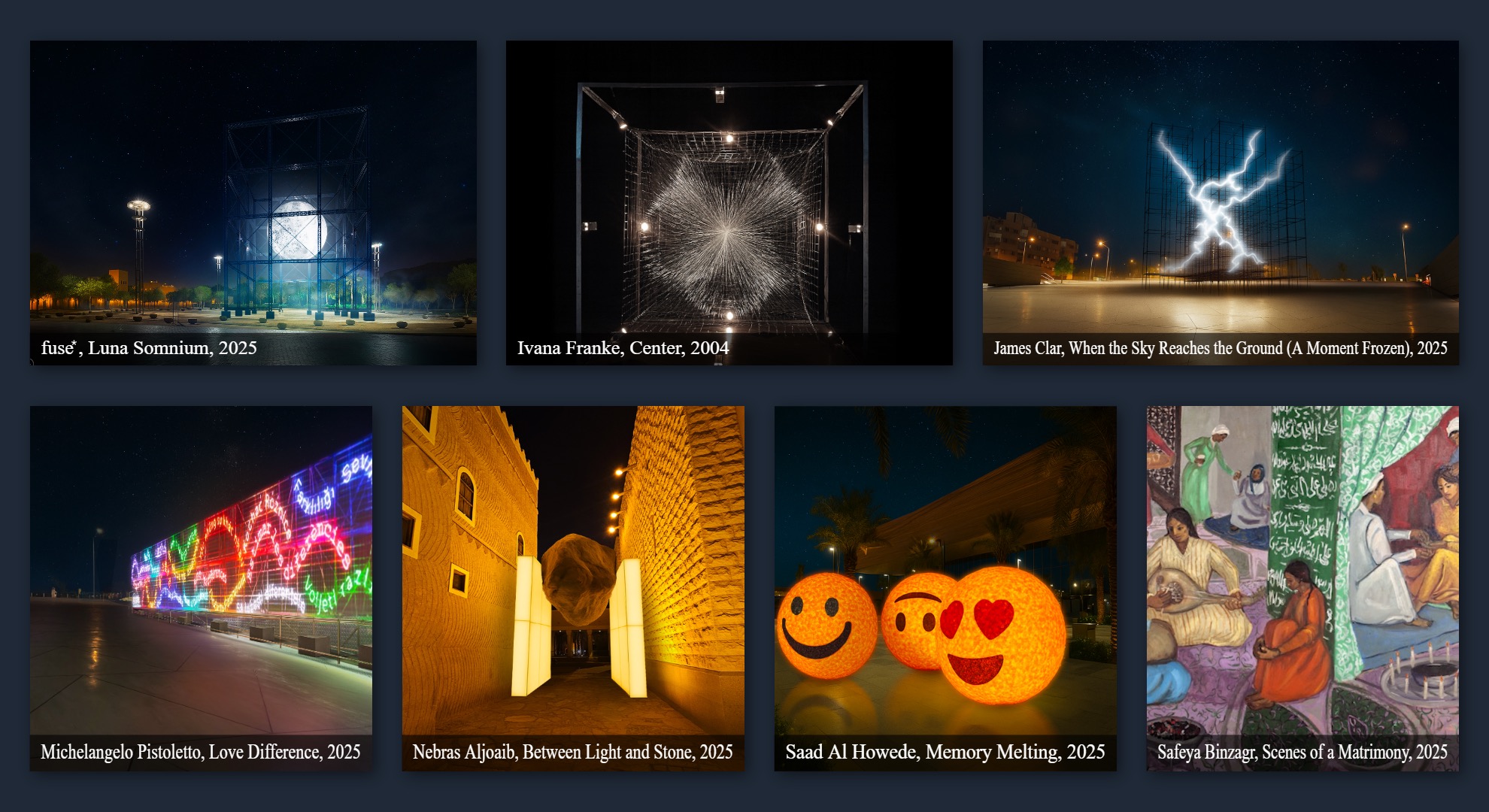 fuse_, Luna Somnium, 2025 Ivana Franke, Center, 2004 Michelangelo Pistoletto, Love Difference, 2025 James Clar, When the Sky Reaches the Ground (A Moment Frozen), 2025 Nebras Aljoaib, Between Light and Stone, 2025
