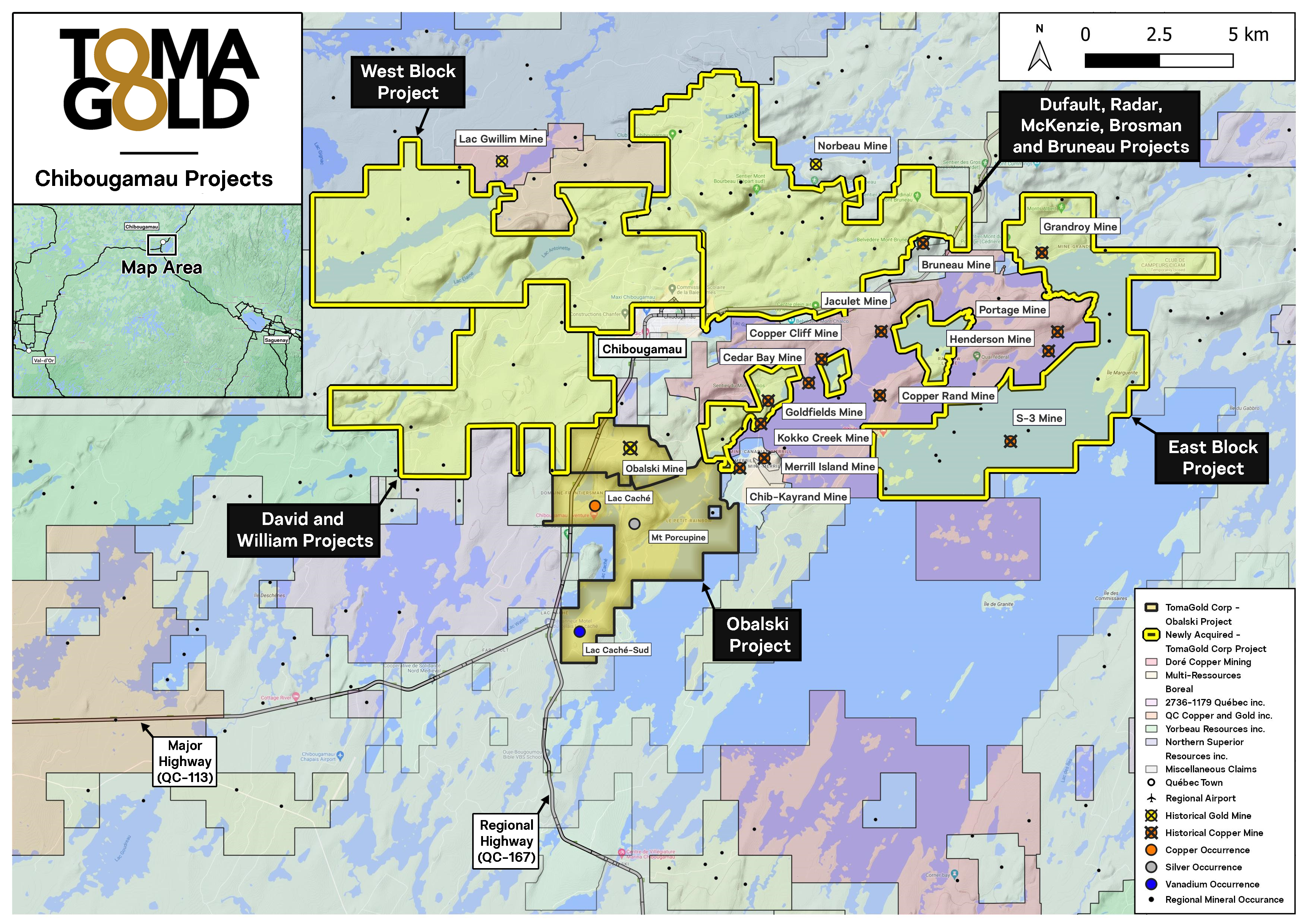 Map of TomaGold's Chibougamau Mining Camp properties