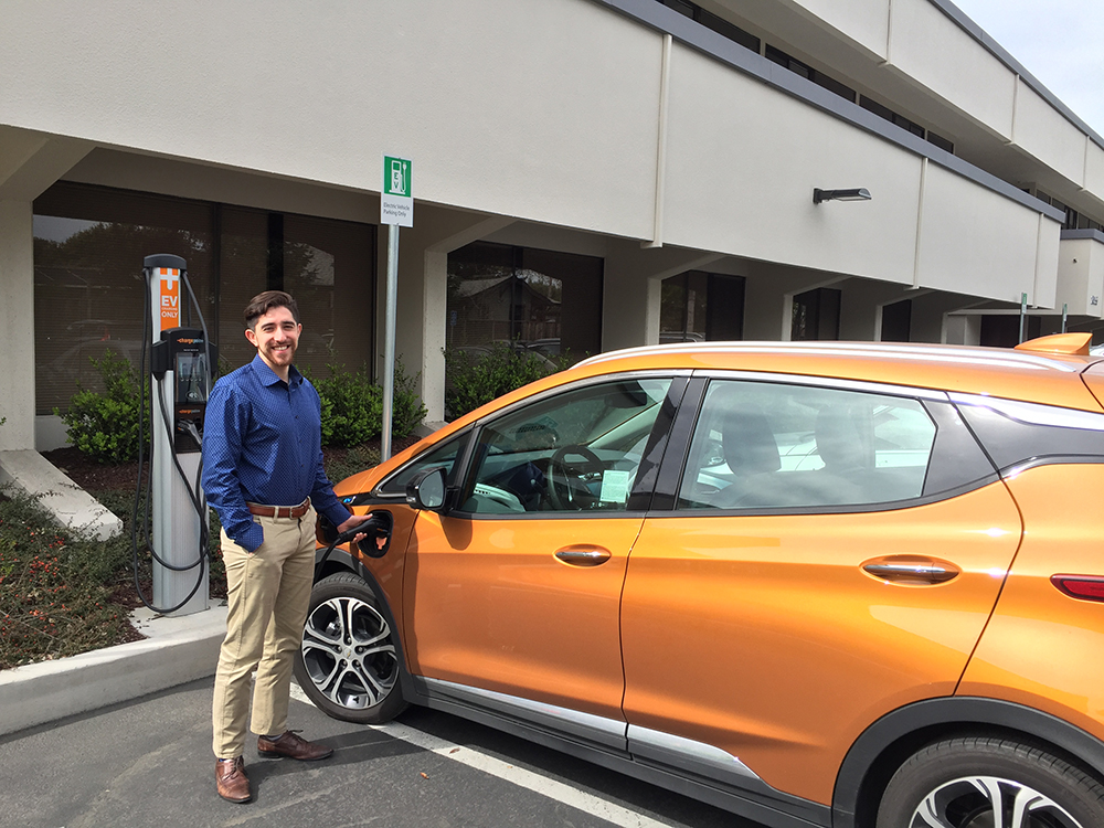 Electric car charges at Peninsula Clean Energy office in Redwood City.