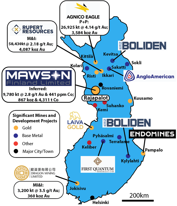 Locality map of Finland illustrating the location of Mawson Finland's Rajapalot project, relative to the locations of other major mines and development projects currently active in Finland.