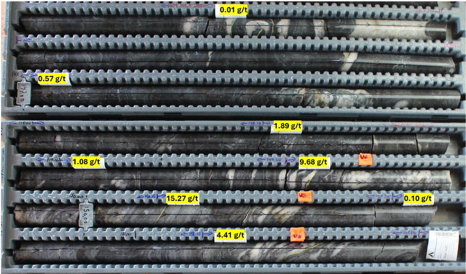 Dense quartz veining and intense silicification around 150 m in 26DDH-BB-003. Alteration, mineralogy, and veining styles are similar to Jons Trend, a discovery zone approximately 1 km to the northwest