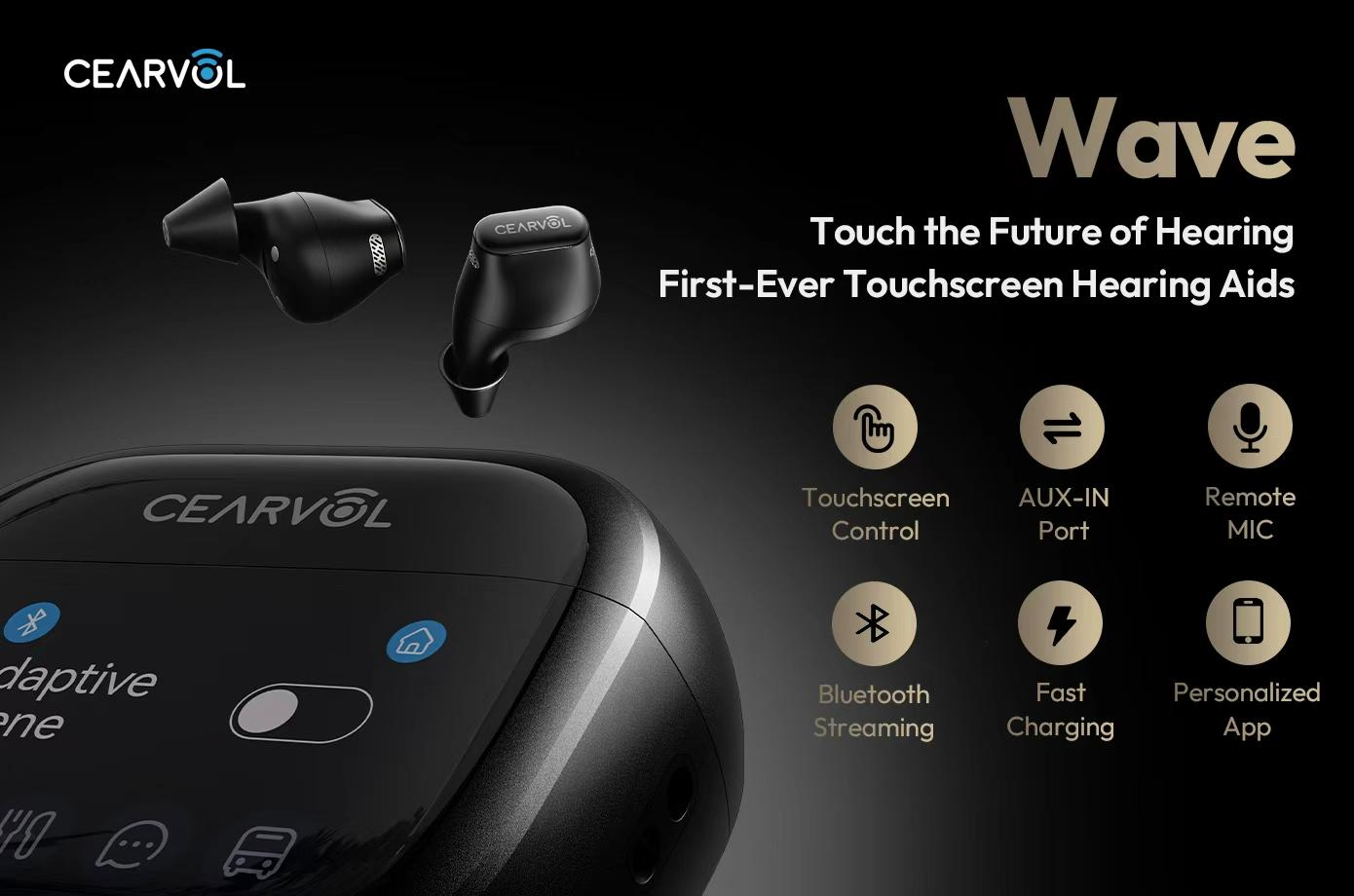 Cearvol Wave OTC hearing aids featuring touchscreen control