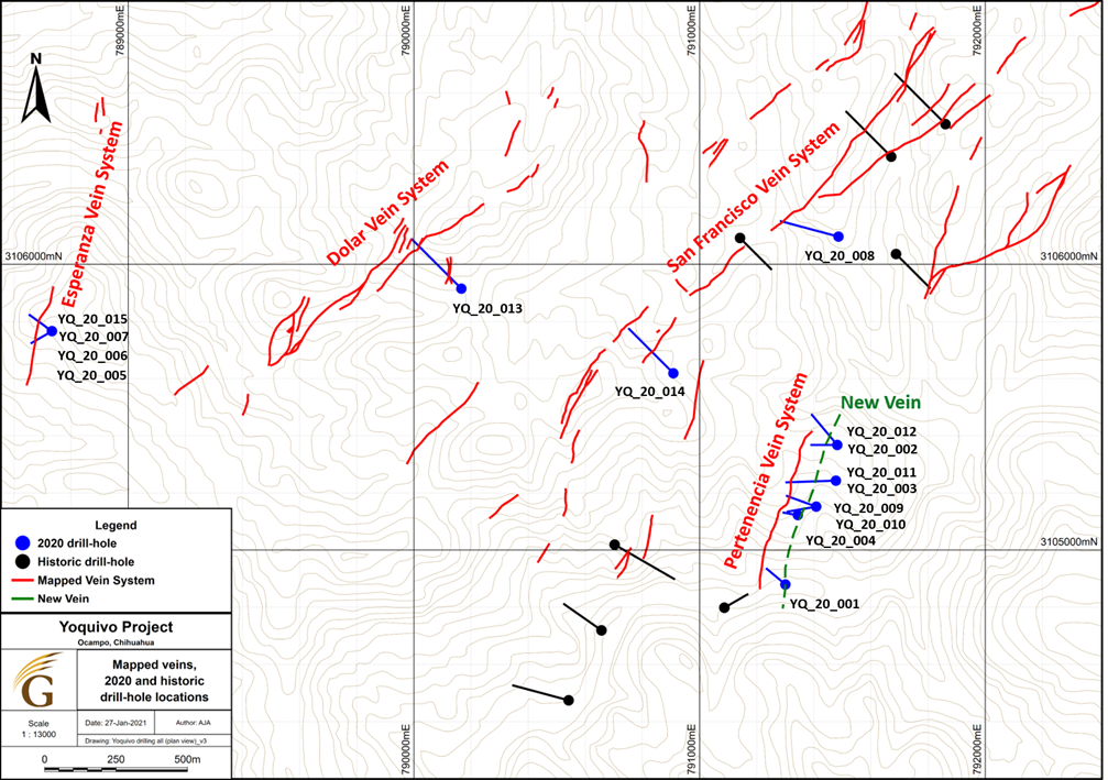 Yoquivo Drill Hole Locations and Principal Veins