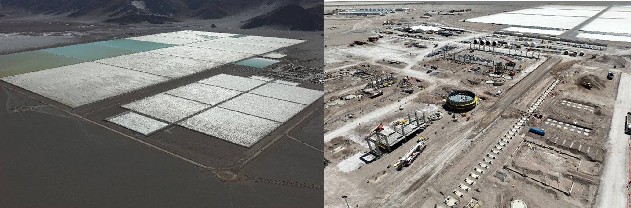 First 2 strings of evaporation ponds complete (left), plant construction underway (right)