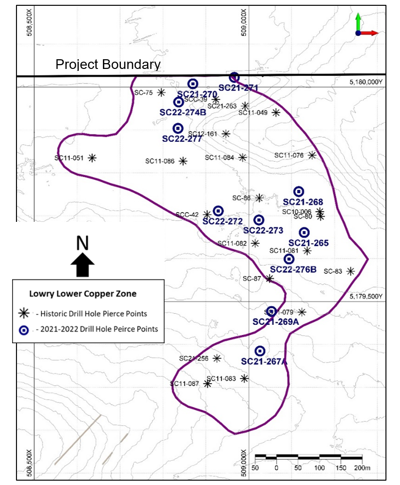 Figure 3: Pierce point map of Lowry Lower Copper Zone showing location of current and historic intercepts.