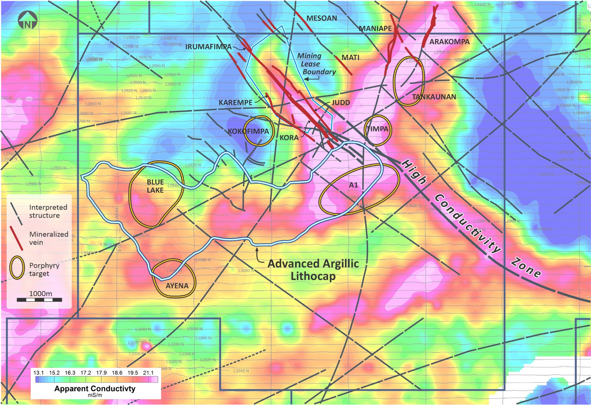 Figure 6 - Airborne Geophysics Mobile MT (apparent conductivity) geophysics plan map proximal to the Blue Lake Porphyry