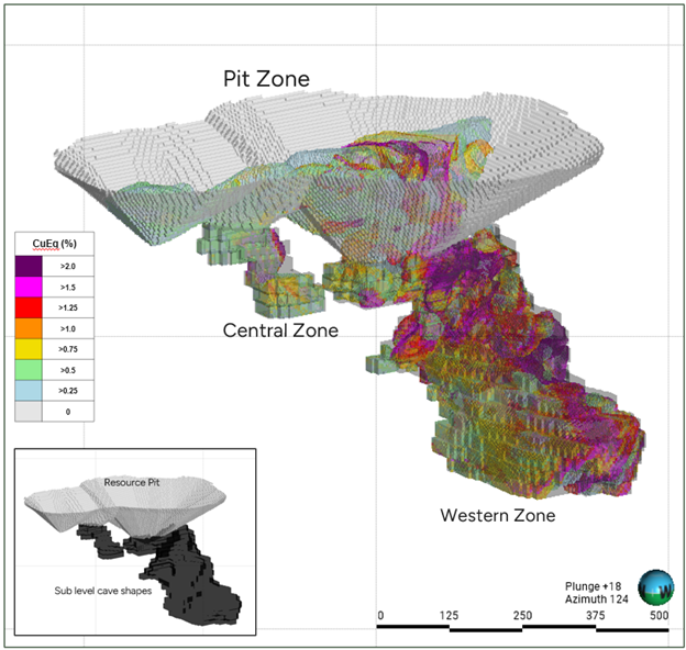 Oblique view of the Mineral Resource pit and sublevel-cave shapes 