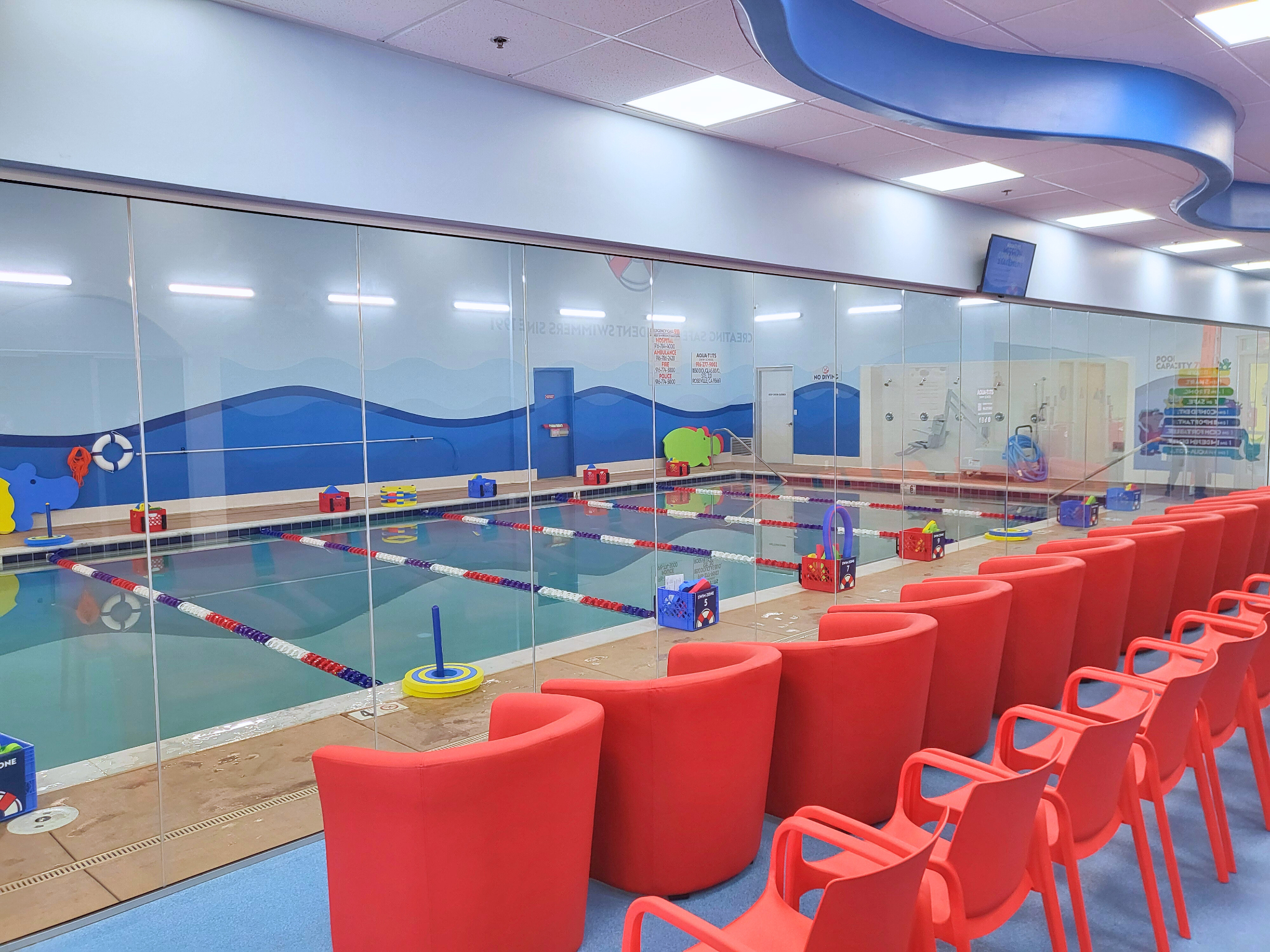 The new location features a 60-foot-long pool, 14 swimming zones, 15 individual changing rooms and two family-sized changing rooms.