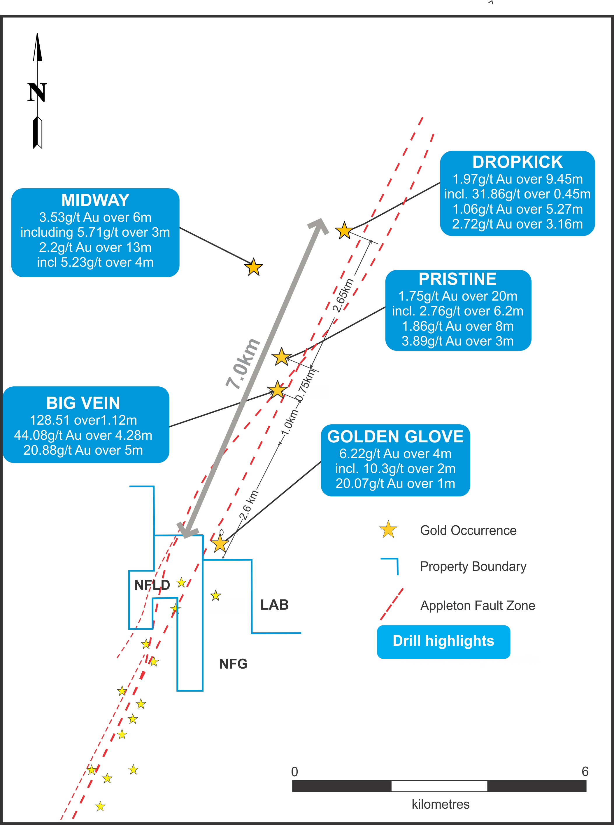 LabGold occurrences along the Appleton Fault Zone