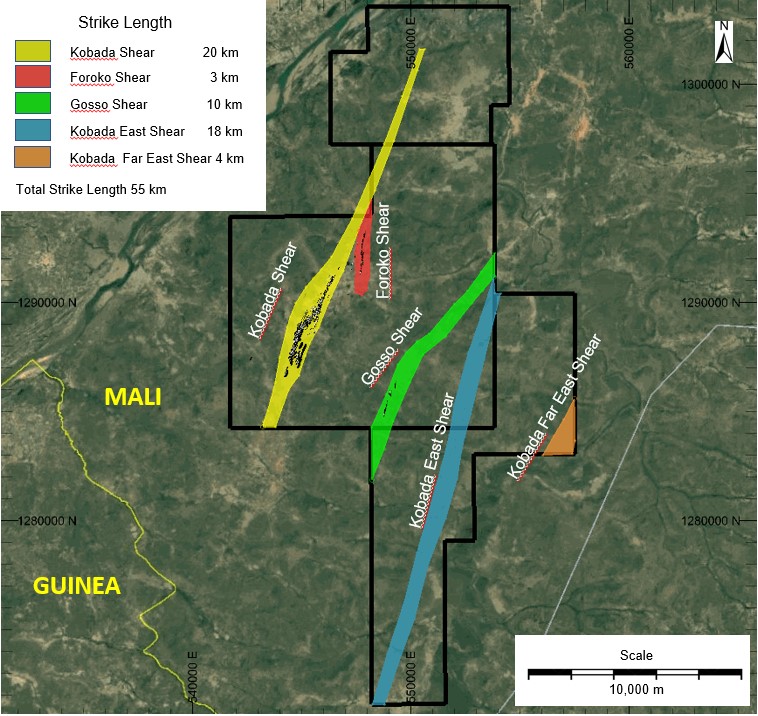 Individual shear zones, their interpreted strike length, and the combined total.