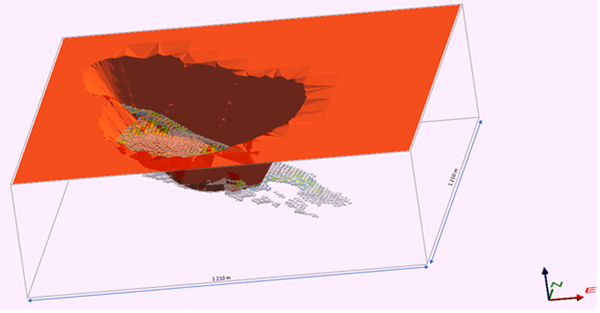 Figure 3: Lerchs-Grossmann conceptual pit shell (shaded orange) constraining the Inferred Mineral Resource Estimate (oblique section looking down and north-northwest). The conceptual pit shell opening is about 950 m in length, 615 m in width, and ext