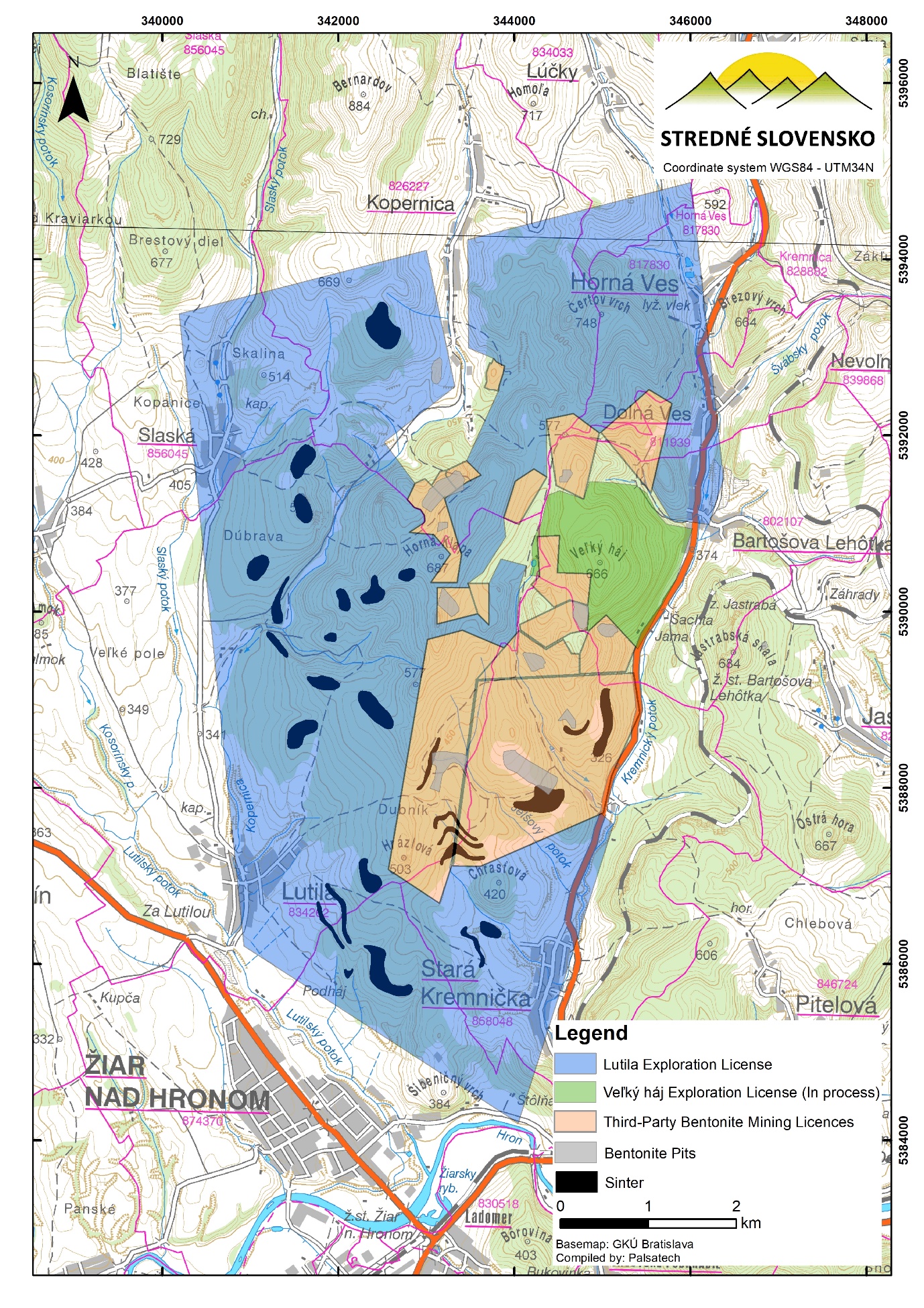 Figure 3. The Lutila Exploration Licence – Topography, Tenure, Sinters and Bentonite Open Pits.