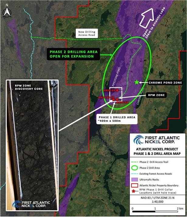 Phase 2 drilling plan map highlighting the RPM drilling zone area (circled in green), showing the Phase 1 discovery hole locations, which defined mineralization over at least a 400-meter by 500-meter area and remains open for expansion in multiple directions.