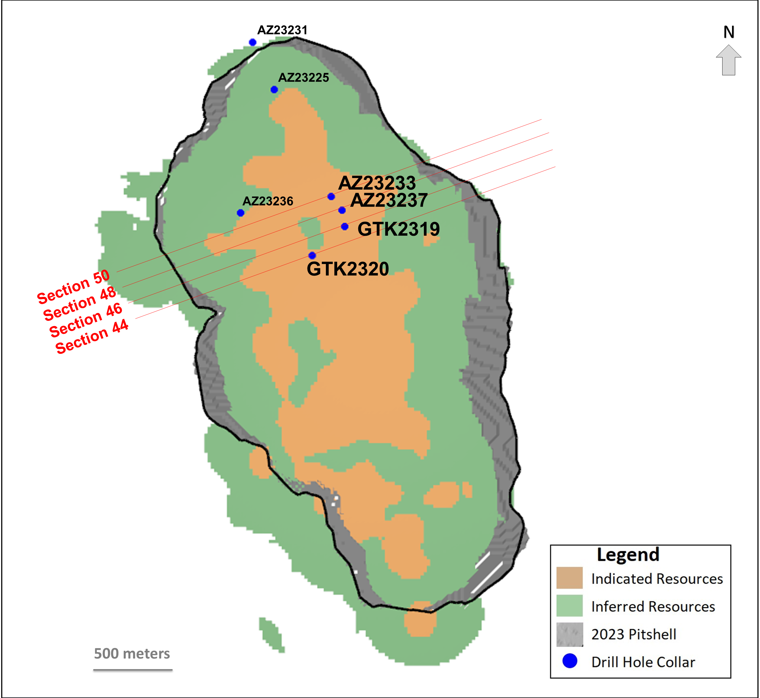 Figure 1 – Cross Sections and Recent Drill Holes on the 2023 Base Case Mineable Resource Pit Plan