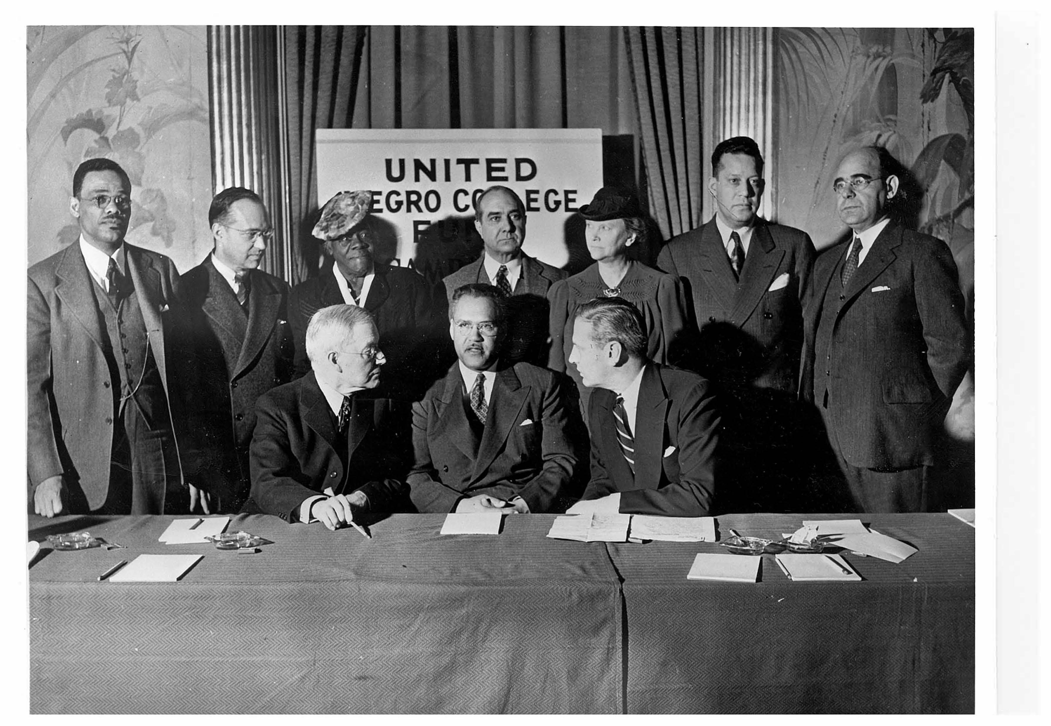 UNCF was founded on April 25, 1944, by Dr. Frederick D. Patterson, president, Tuskegee Institute (today Tuskegee University) (seated in the center) along with Dr. Mary McLeod Bethune, an advisor to the FDR Administration (third from left standing). John Rockefeller II is seated on Patterson’s left and Walter Hoving, then the president of Lord & Taylor, on his right. Others in the photo were members of UNCF’s board. UNITED NEGRO COLLEGE FUND