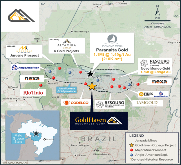 Location of the Copeçal Gold Project within Alta Floresta gold province, with competitor locations.
