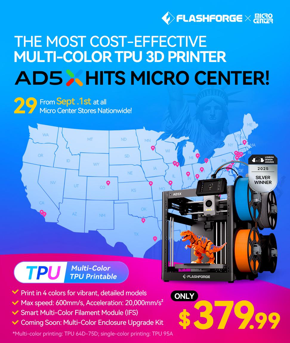 Flashforge Expands U.S. Reach: AD5X Multi-Color FDM 3D Printer Arrives at All 29 Micro Center Stores