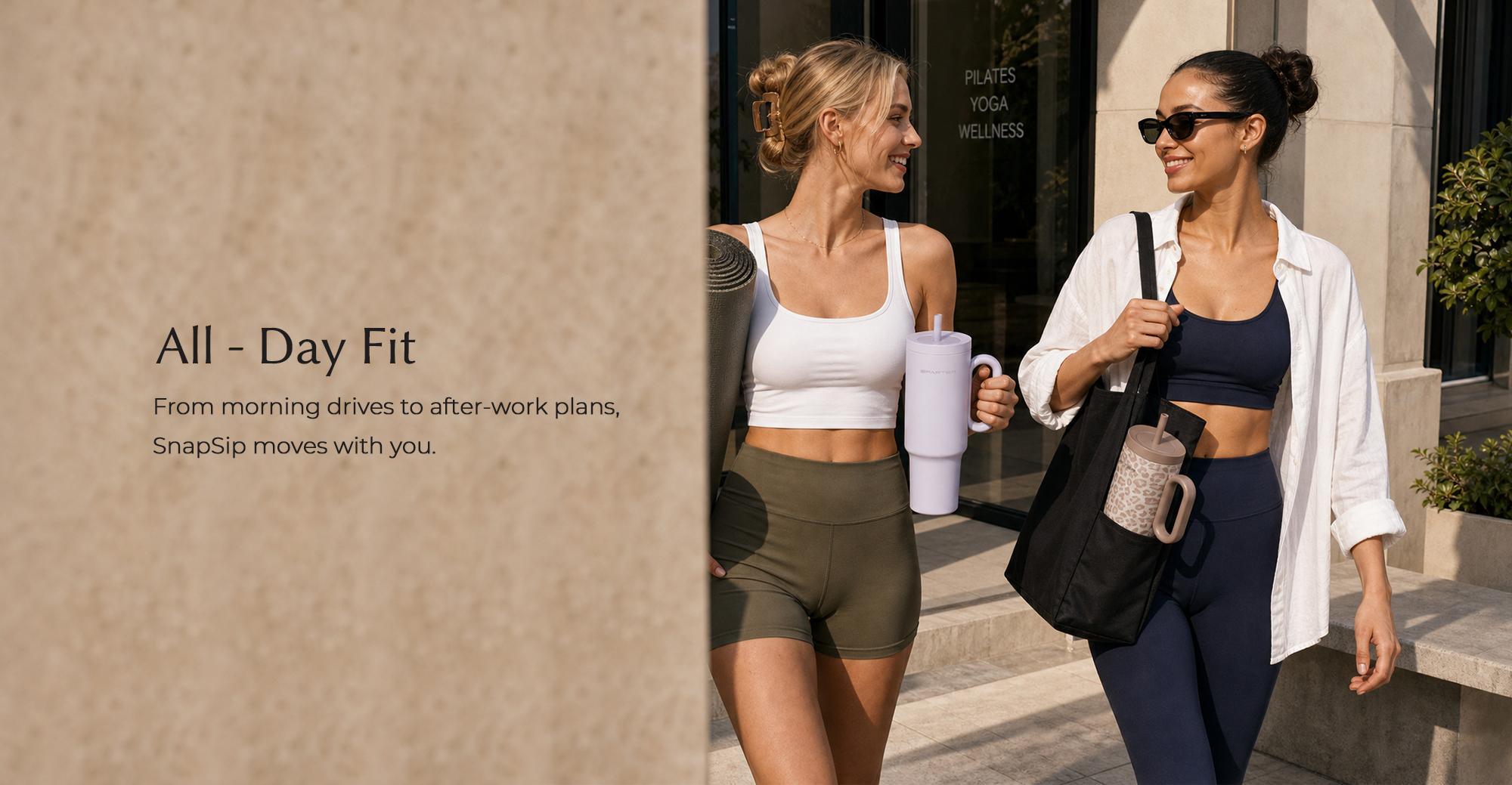 SnapSip Travel Mug with women in activewear enjoying a wellness lifestyle after yoga and fitness